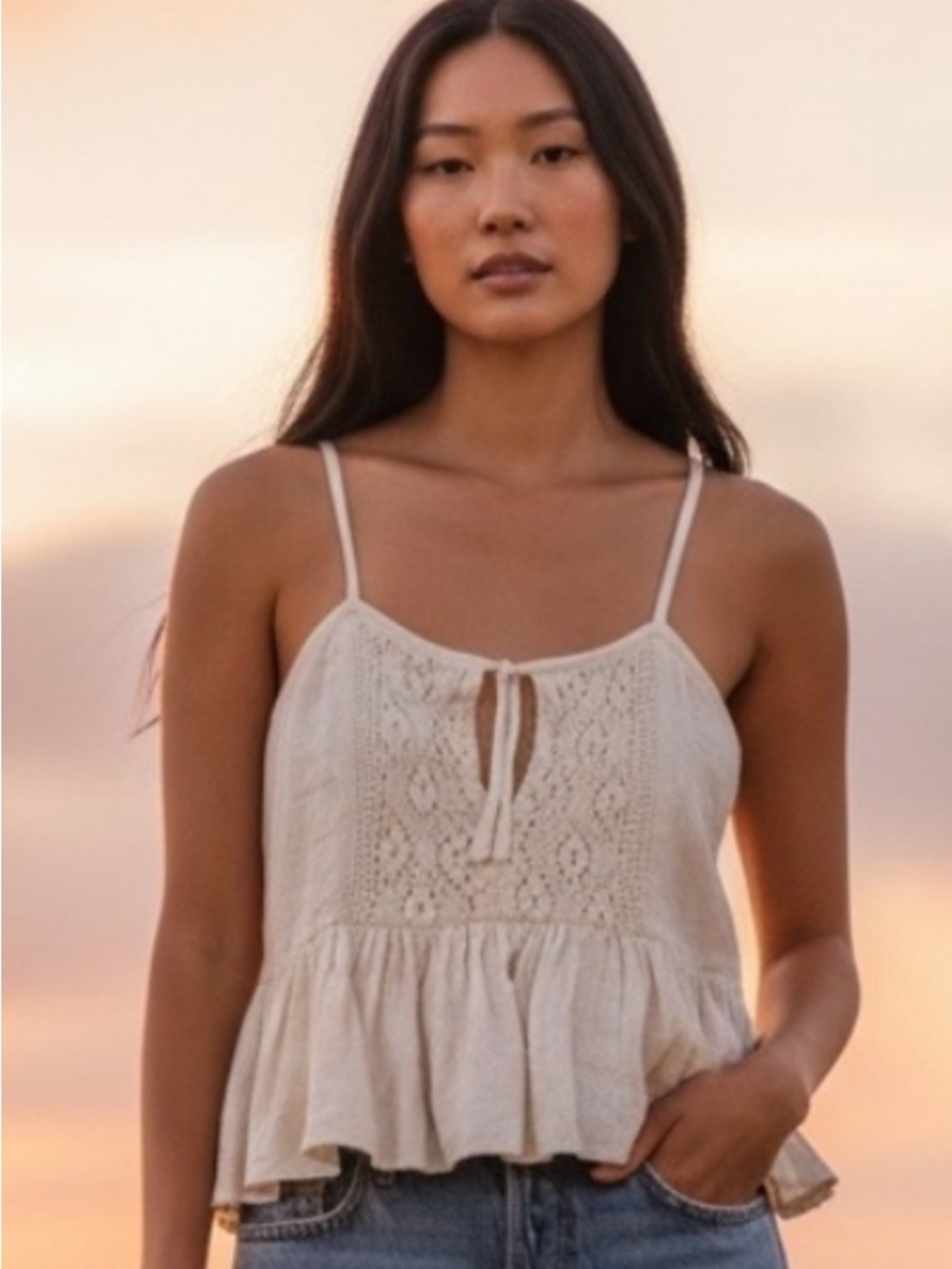 Free People Boho Lace Babydoll Tank Cream Crochet Cami Flowy Festival Top M